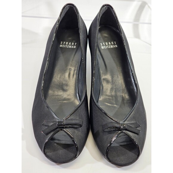 LM‎ Women's 8 Stuart Weitzman Black Open Toe Bow Detail Kitten Heels Pumps Shoes - Picture 4 of 9